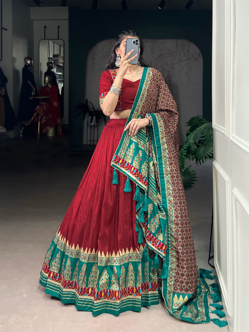 Lorenvalley Fashion Red Tasar Silk Print with Foil Work and Real Mirror Gamthi Work with Lace Touch Up Lehenga Choli with Dupatta | Grocsy
