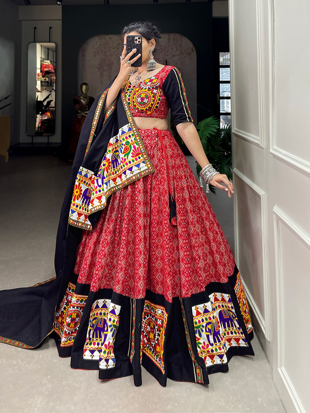 Lorenvalley Red Pure Cotton Lehenga Choli Embellishes With Gamthi Work And Mirror Work Touch Up To Make Everyone Feel The Stories Of Navratri Traditions | Grocsy
