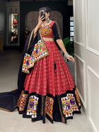 Lorenvalley Red Pure Cotton Lehenga Choli Embellishes With Gamthi Work And Mirror Work Touch Up To Make Everyone Feel The Stories Of Navratri Traditions | Grocsy
