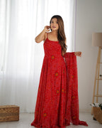 Lorenvalley Fashion Red Soft Chiffon Bandhej Fabric Print Fully Flair Anarkali With Pant Dupatta Set | Grocsy