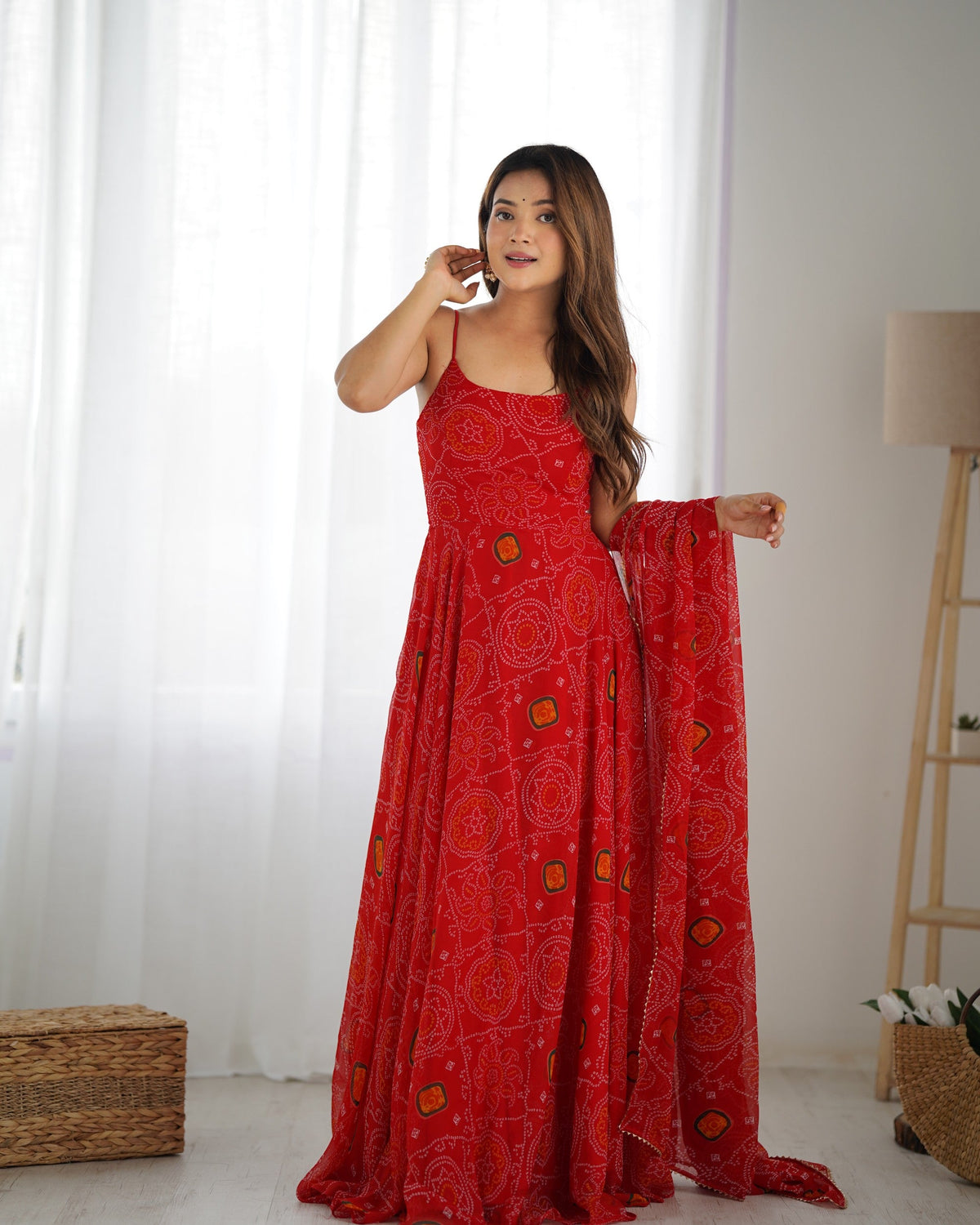Lorenvalley Fashion Red Soft Chiffon Bandhej Fabric Print Fully Flair Anarkali With Pant Dupatta Set | Grocsy