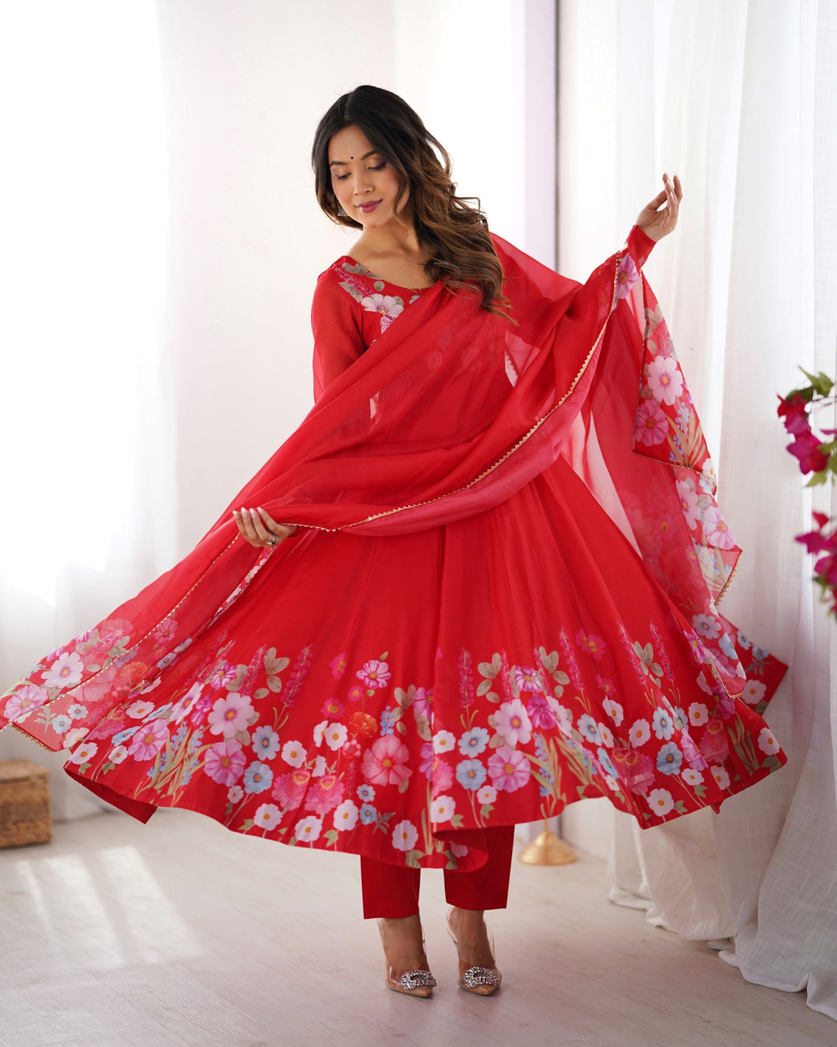 Lorenvalley Fashion Red Soft Organza Silk With Floral Print Fully Flared Anarkali Pant With Dupatta Set | Grocsy