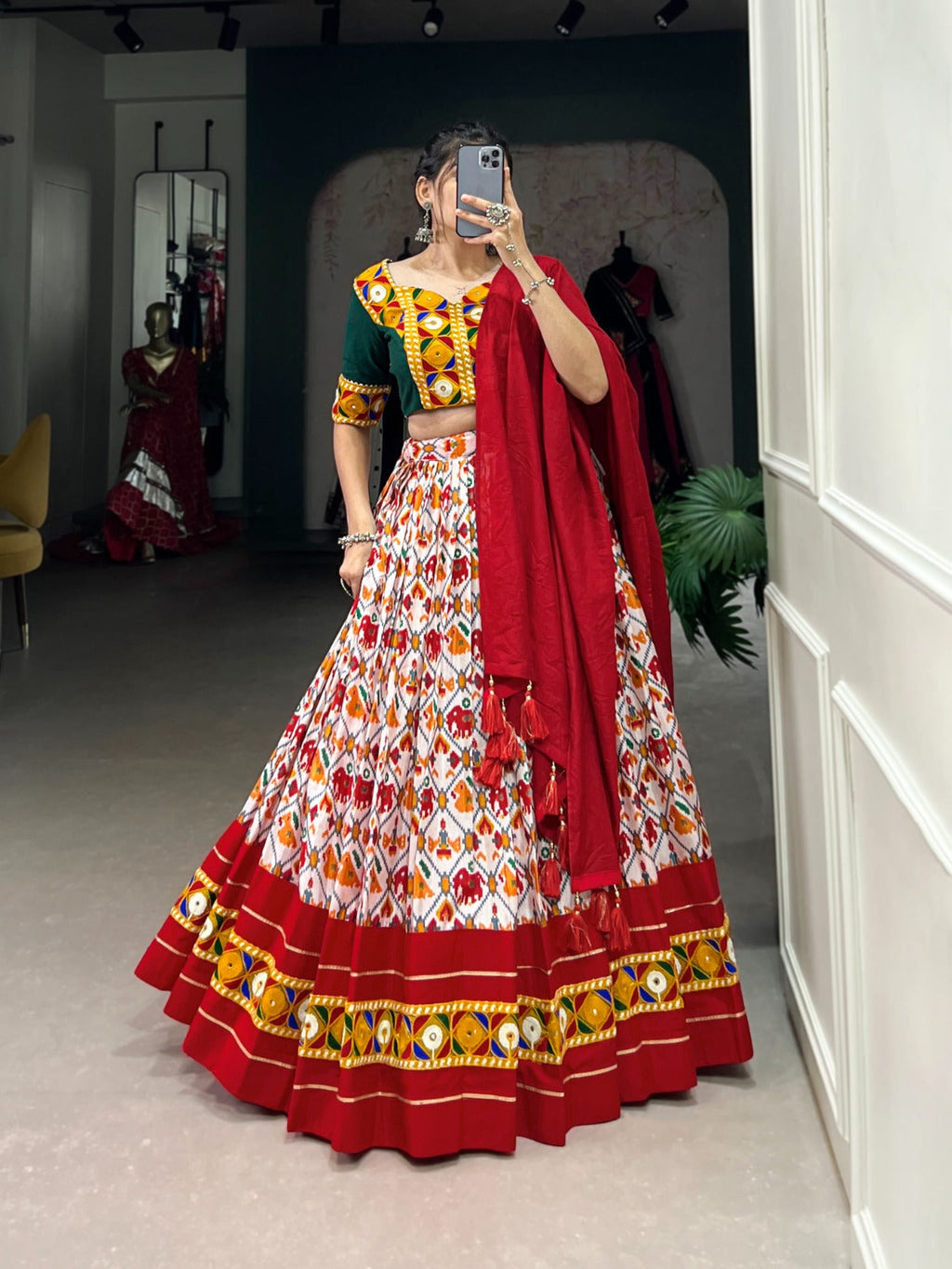 Lorenvalley Red Dola Silk and Cotton with Patola Print With Foil Work And Original Mirror Gamthi Lace Lehenga Choli | Grocsy