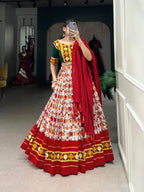 Lorenvalley Red Dola Silk and Cotton with Patola Print With Foil Work And Original Mirror Gamthi Lace Lehenga Choli | Grocsy
