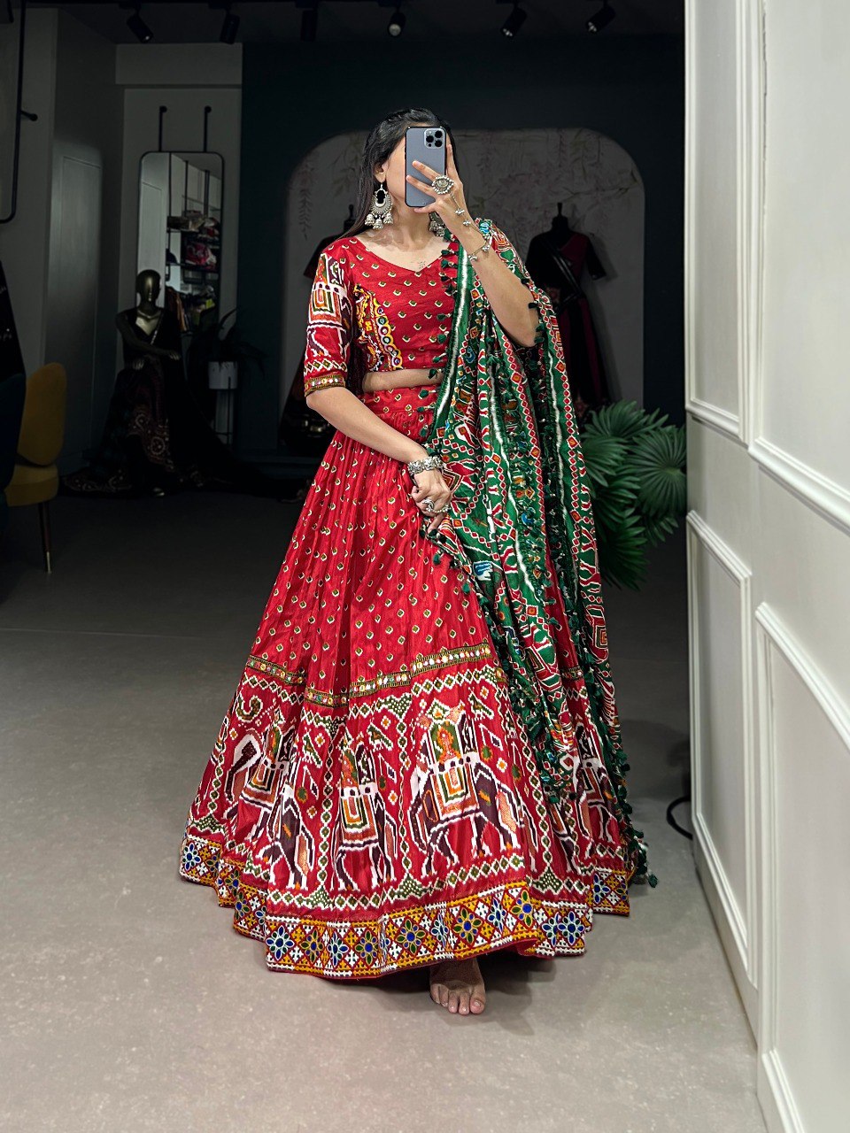 Lorenvalley Dola Silk Red Patola Print With Gamthi Work Lace Border Lehenga Choli with Dupatta | Grocsy