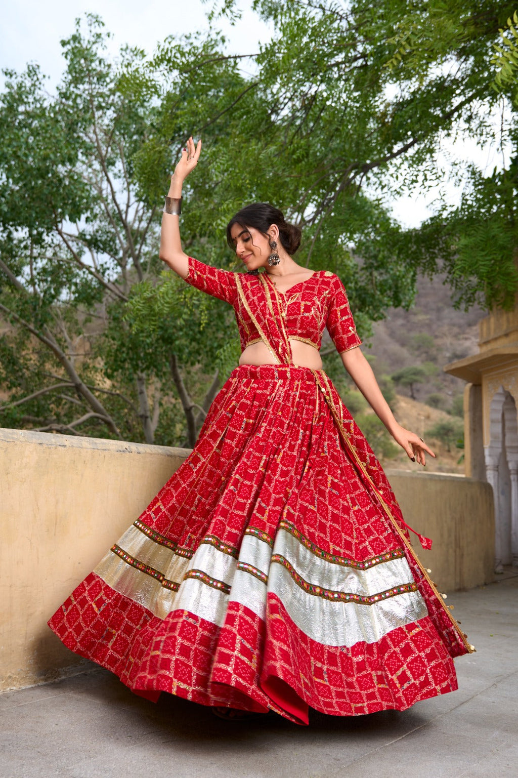 Lorenvalley Red Pure Rayon with Foil Printed With Gota Patti And Paper Mirror Work Lehenga Choli | Grocsy
