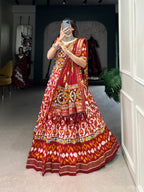 Lorenvalley Red Tussar Silk Patola Print With Foil Work And Original Mirror Gamthi Lace Lehenga Choli with Dupatta | Grocsy