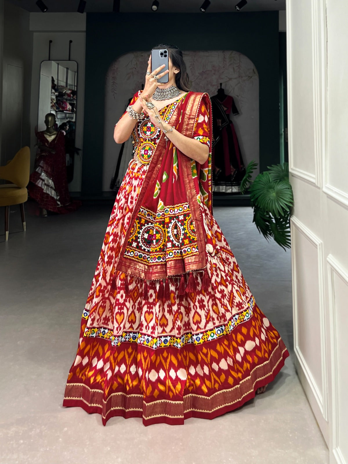 Lorenvalley Red Tussar Silk Patola Print With Foil Work And Original Mirror Gamthi Lace Lehenga Choli with Dupatta | Grocsy