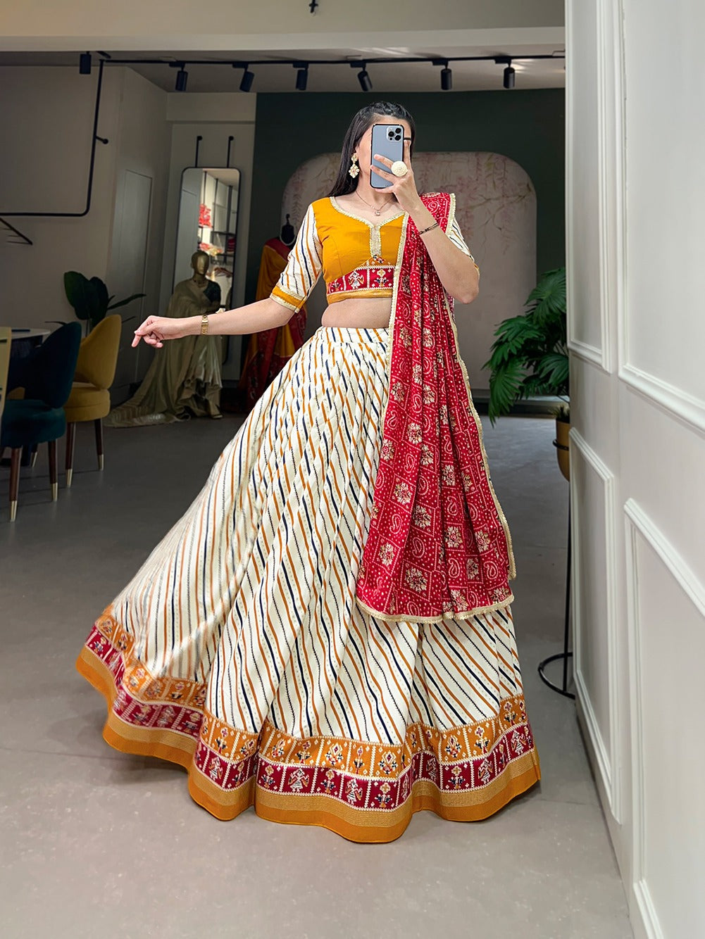 Lorenvalley White And Red Pure Cotton Leheriya With Patola Print Lehenga Choli With Dupatta | Grocsy