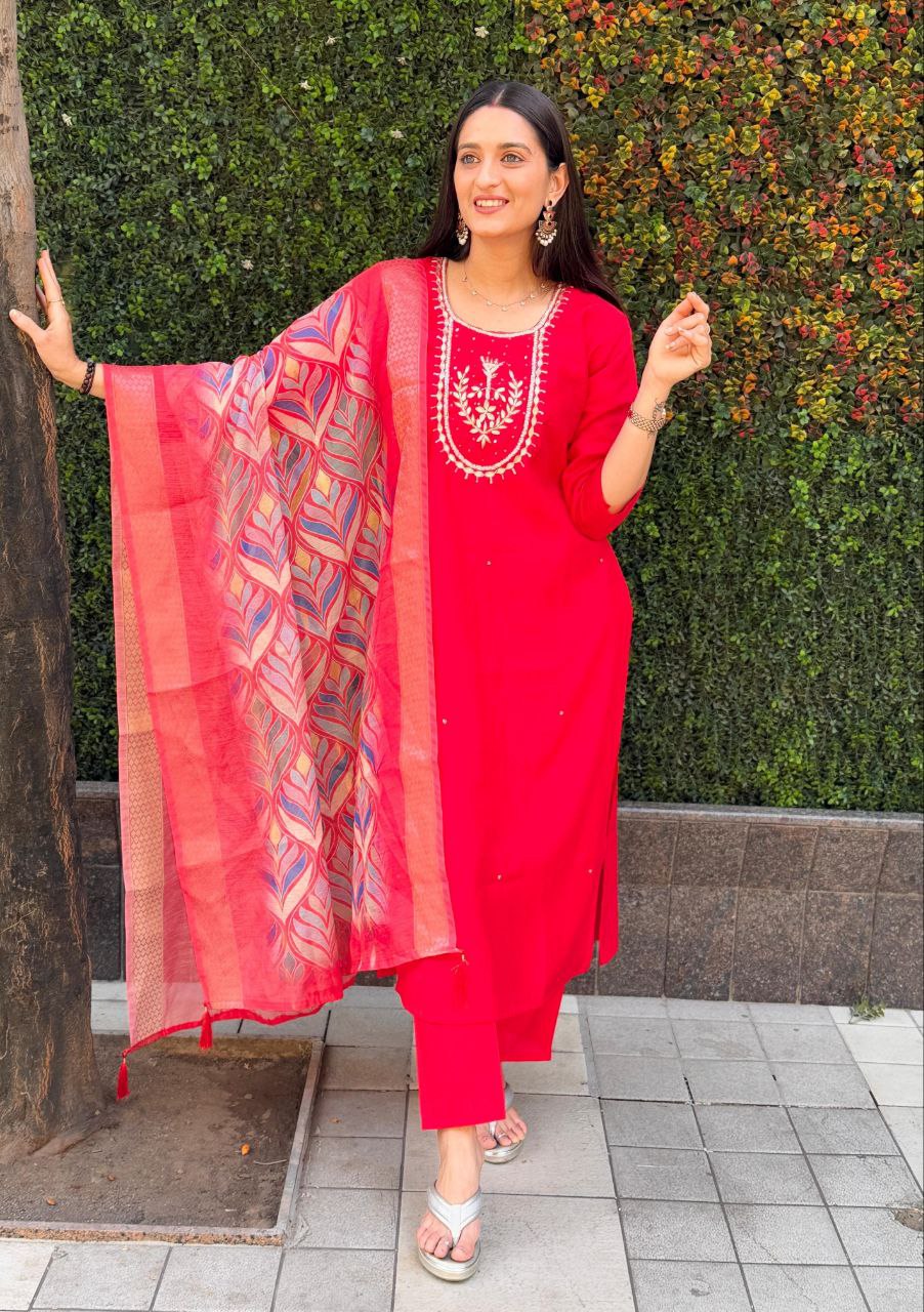 Lorenvalley Fashion Red Roman Silk Hand Work Kurta Pant with Dupatta | Grocsy