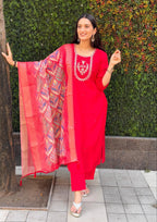 Lorenvalley Fashion Red Roman Silk Hand Work Kurta Pant with Dupatta | Grocsy