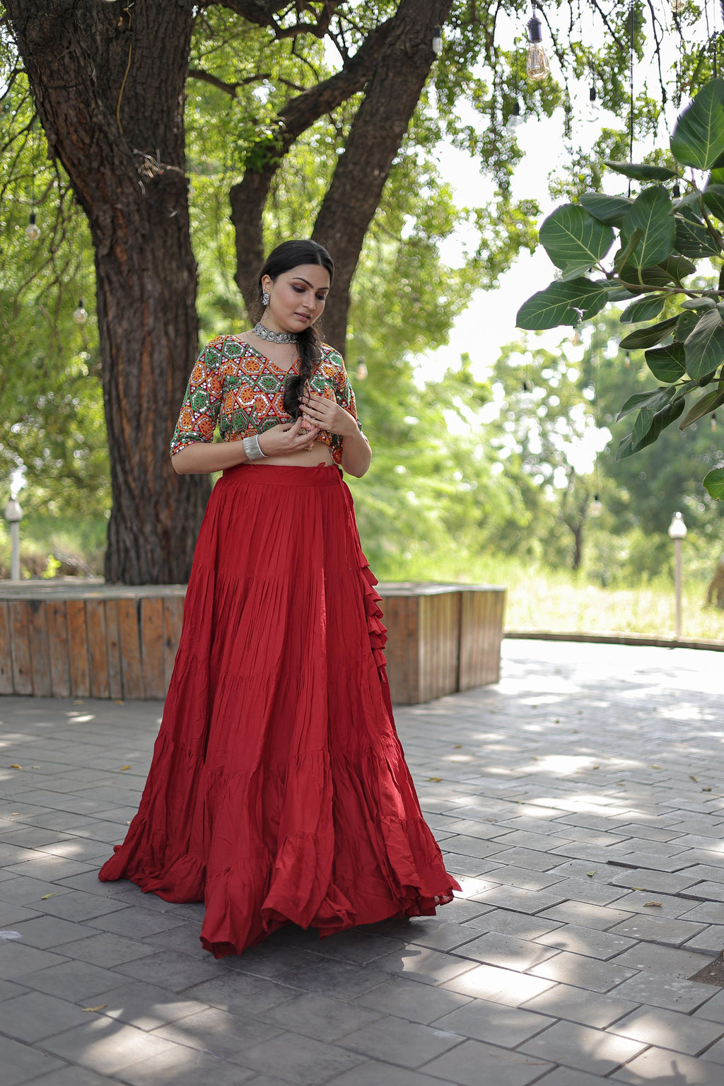 Lorenvalley Red Premium Rayon Lehenga with Georgette Embroidered Traditional Thread work Choli | Grocsy