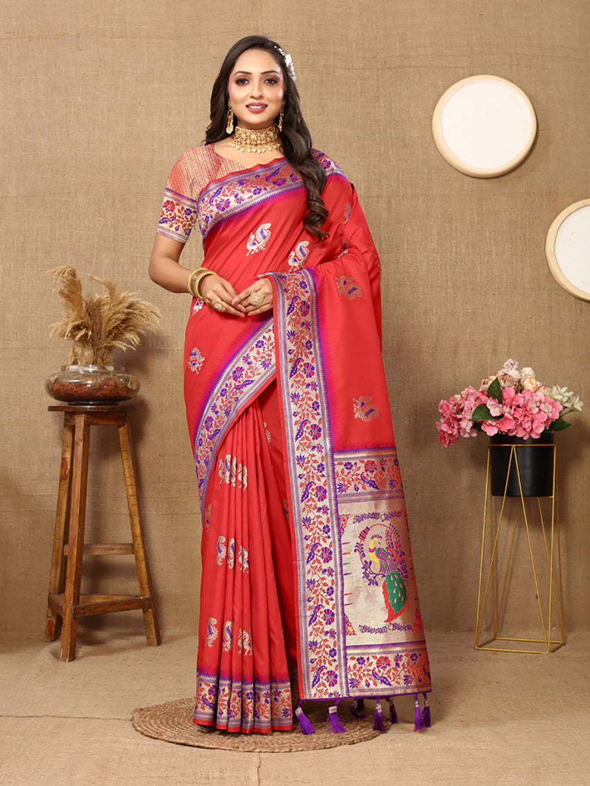 Lorenvalley Fashion Red Soft Paithani Silk Woven Design Rich Meenakari Zari Weaving Pallu Saree | Grocsy
