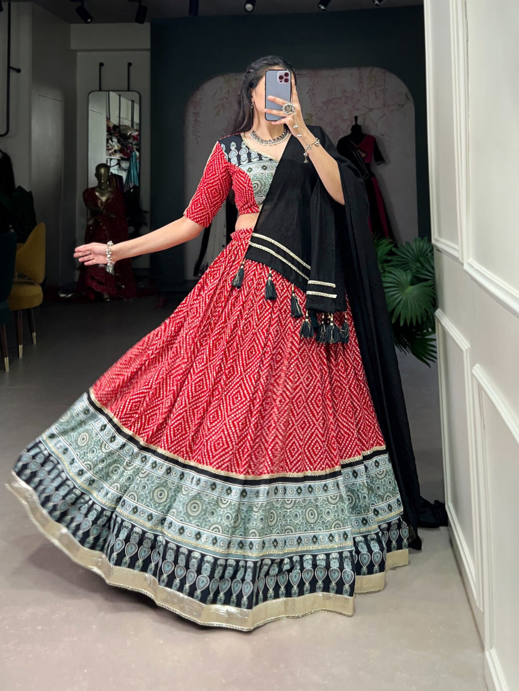 Lorenvalley Red Rayon with Bandhej And Ajarakh Print With Embossed Design Gota Lace Touch up Lehenga Choli | Grocsy