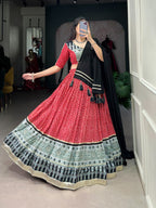 Lorenvalley Red Rayon with Bandhej And Ajarakh Print With Embossed Design Gota Lace Touch up Lehenga Choli | Grocsy