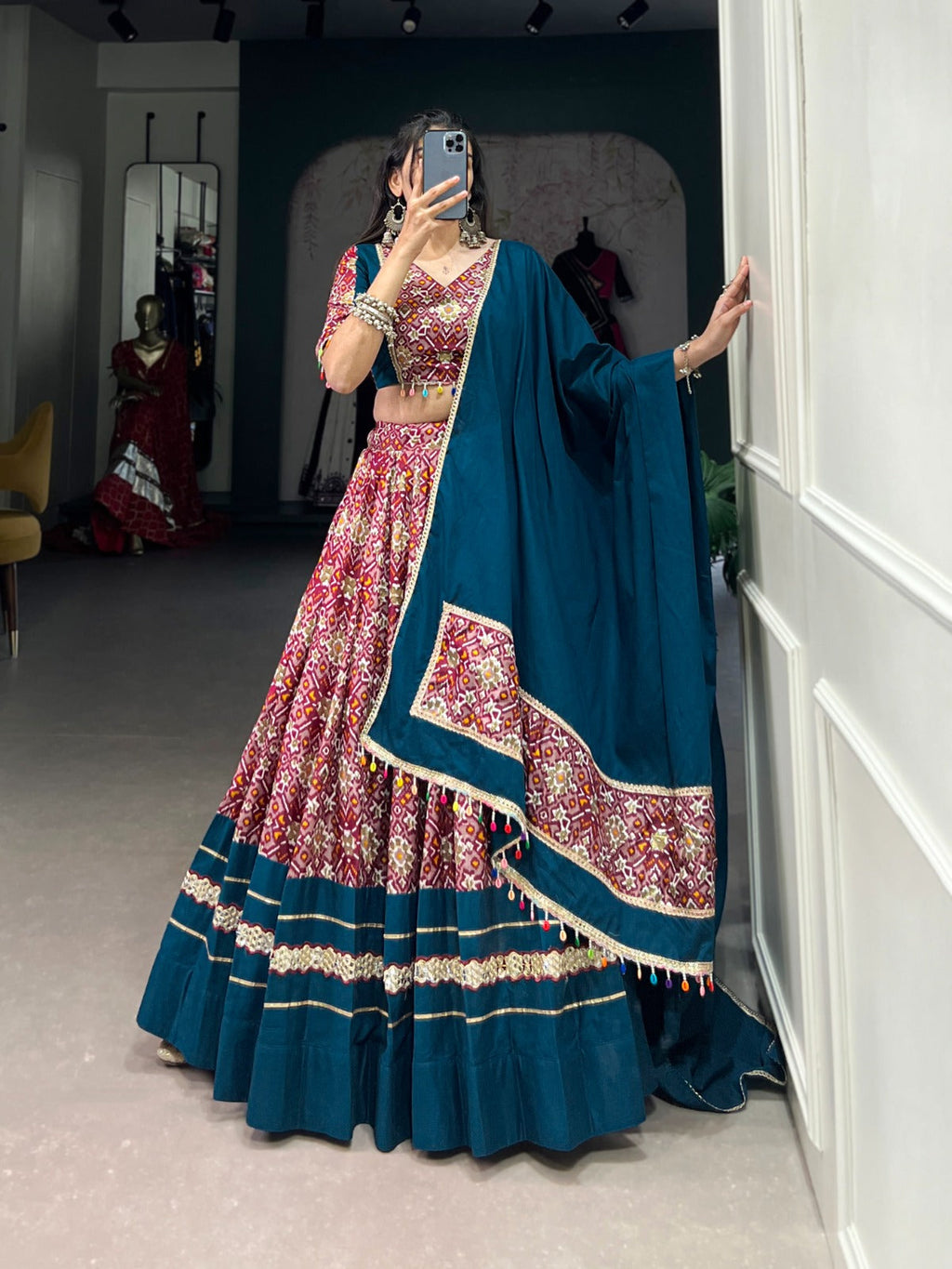 Lorenvalley Red Dola Silk and Rayon with Printed With Foil Work And Lace Touch Up Lehenga Choli | Grocsy