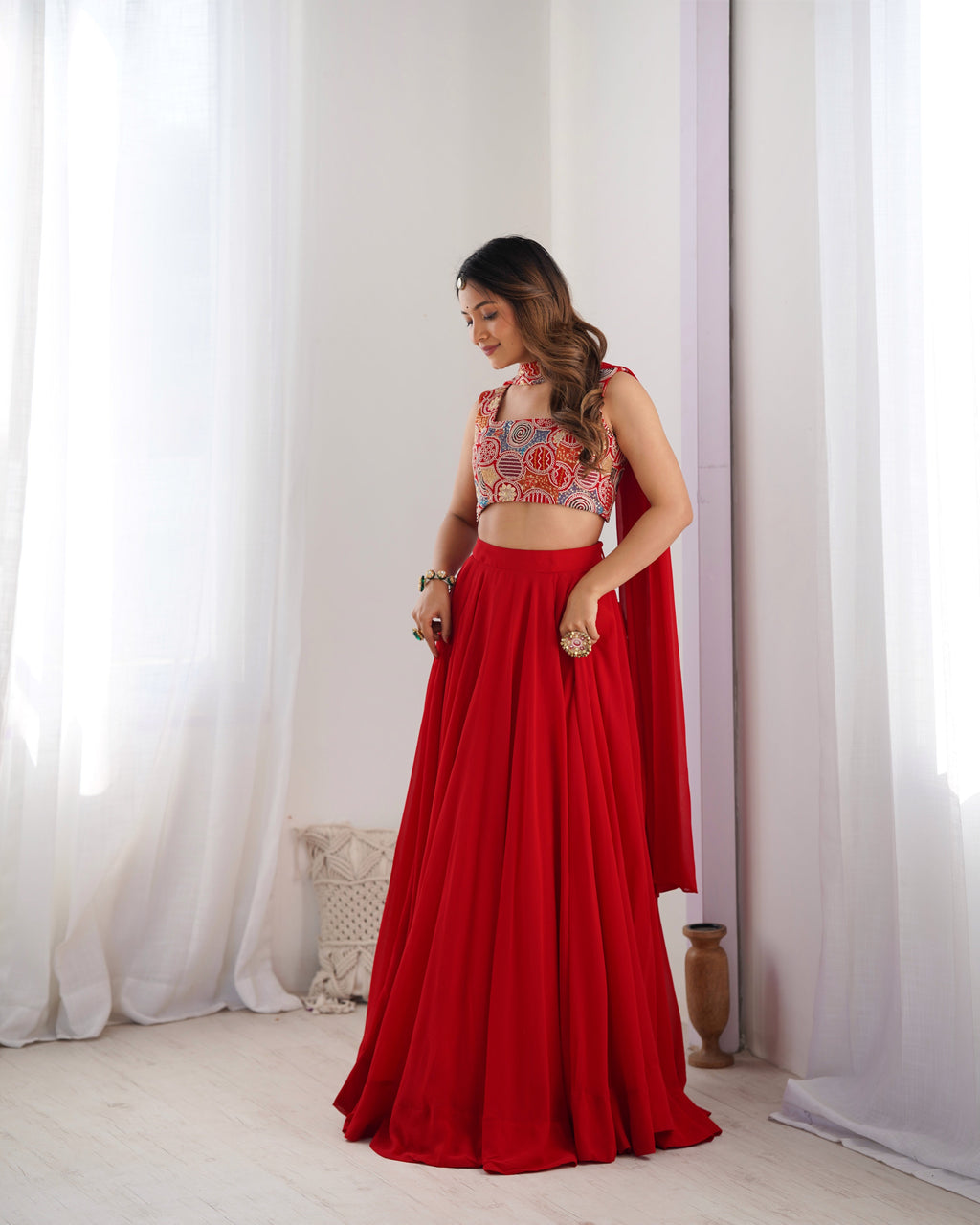 Lorenvalley Red Faux Georgette Stitched Lehenga Embroidery Blouse with Dupatta | Grocsy
