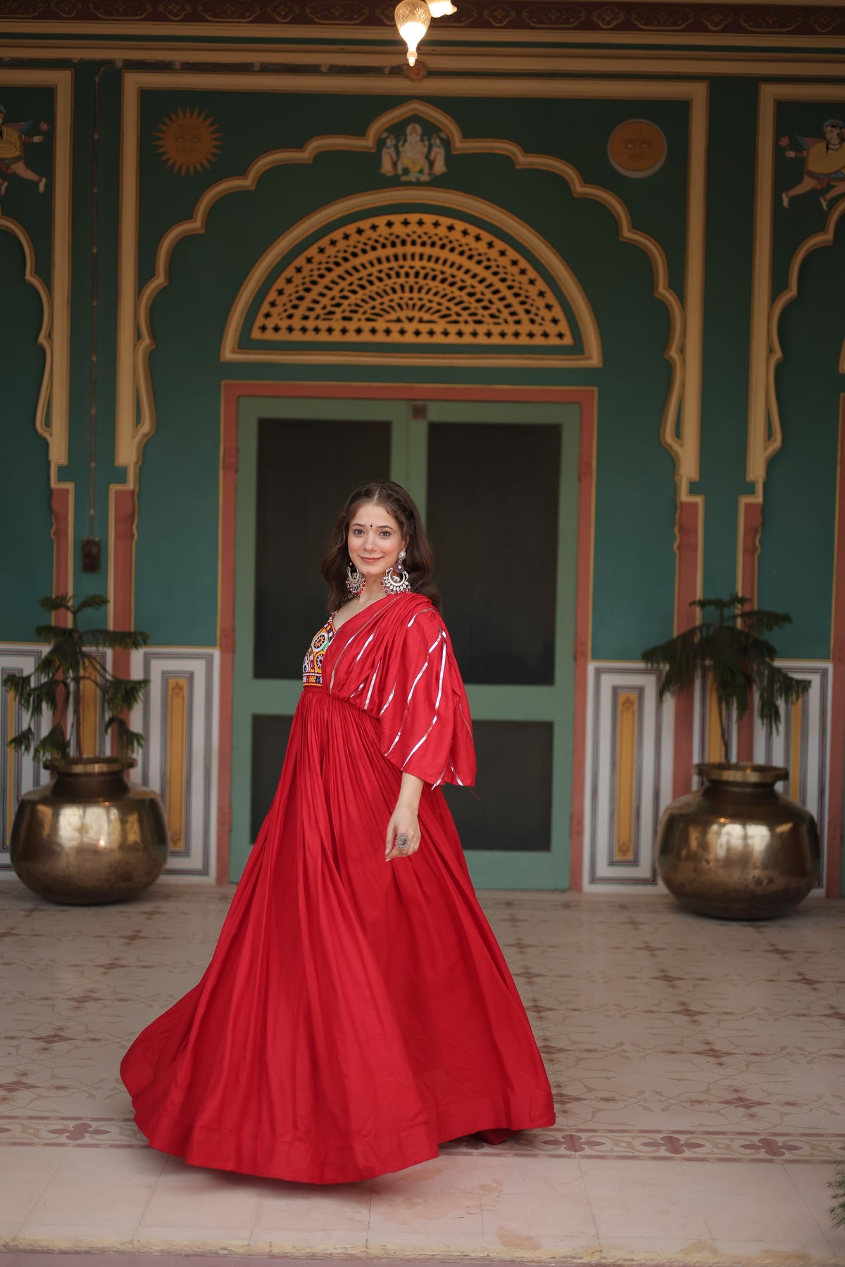 Lorenvalley Red Rayon Fabric with Designer Lace Gown | Grocsy