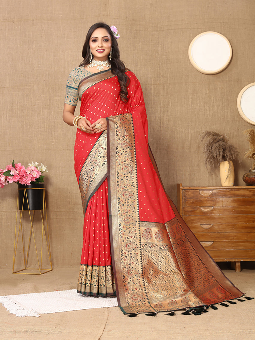 Lorenvalley Fashion Red Soft Silk weaving Design Rich Zari Weaving Saree | Grocsy