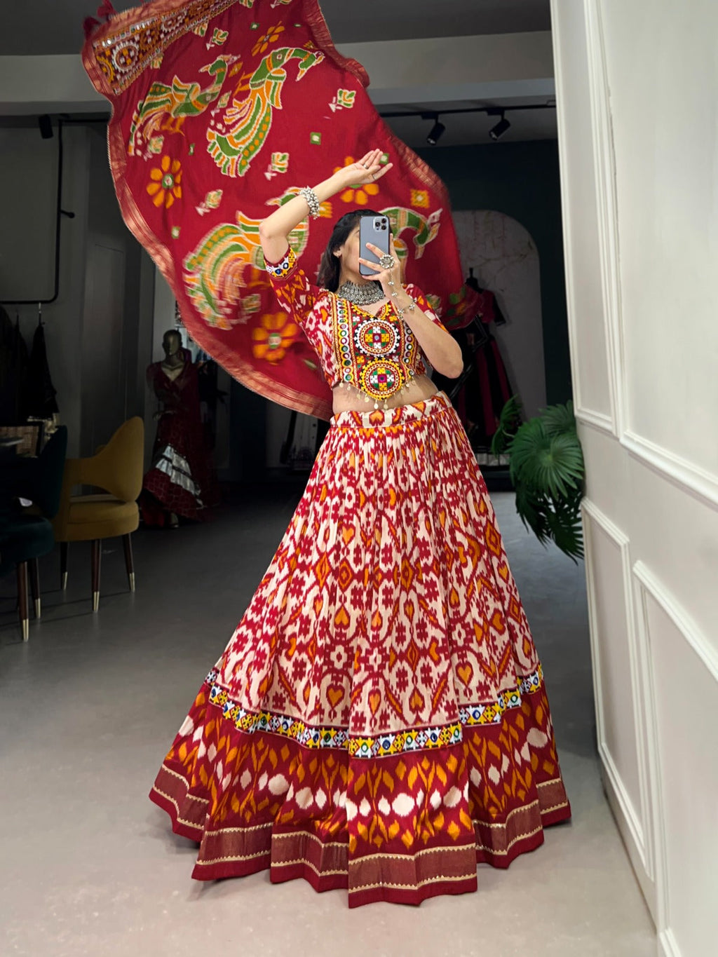 Lorenvalley Red Tussar Silk Patola Print With Foil Work And Original Mirror Gamthi Lace Lehenga Choli with Dupatta | Grocsy