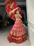 Lorenvalley Red Tussar Silk Patola Print With Foil Work And Original Mirror Gamthi Lace Lehenga Choli with Dupatta | Grocsy