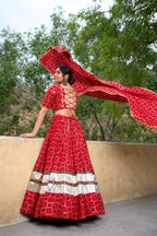 Lorenvalley Red Pure Rayon with Foil Printed With Gota Patti And Paper Mirror Work Lehenga Choli | Grocsy