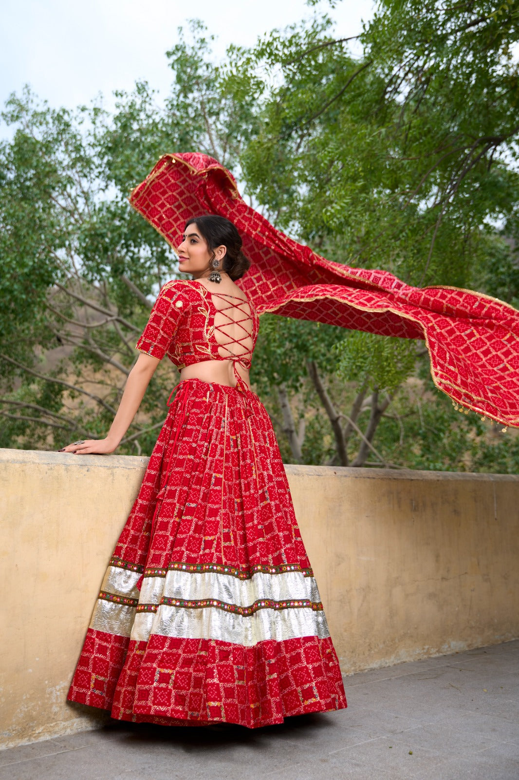 Lorenvalley Red Pure Rayon with Foil Printed With Gota Patti And Paper Mirror Work Lehenga Choli | Grocsy