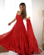 Lorenvalley Fashion Red Soft Chiffon Bandhej Fabric Print Fully Flair Anarkali With Pant Dupatta Set | Grocsy