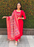 Lorenvalley Fashion Red Roman Silk Hand Work Kurta Pant with Dupatta | Grocsy