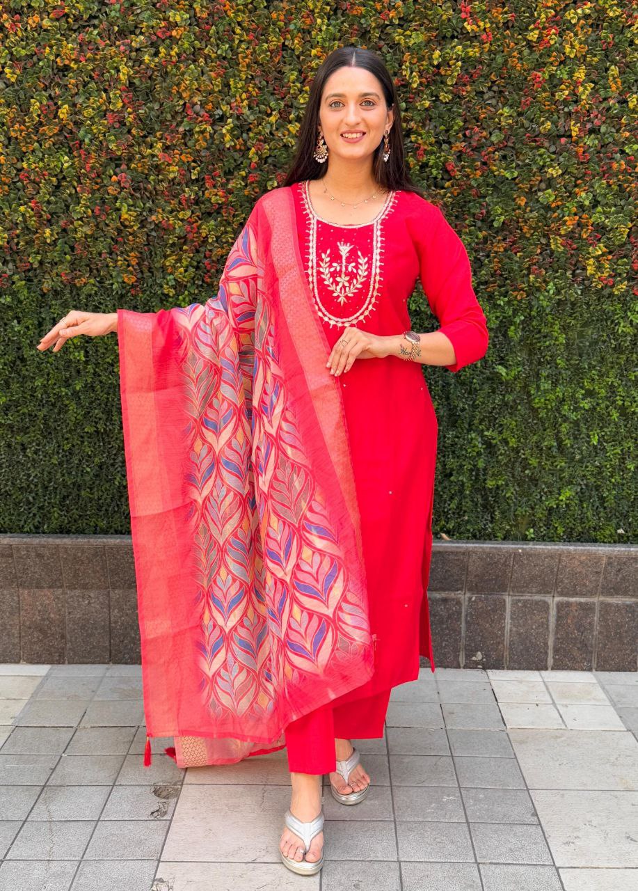 Lorenvalley Fashion Red Roman Silk Hand Work Kurta Pant with Dupatta | Grocsy