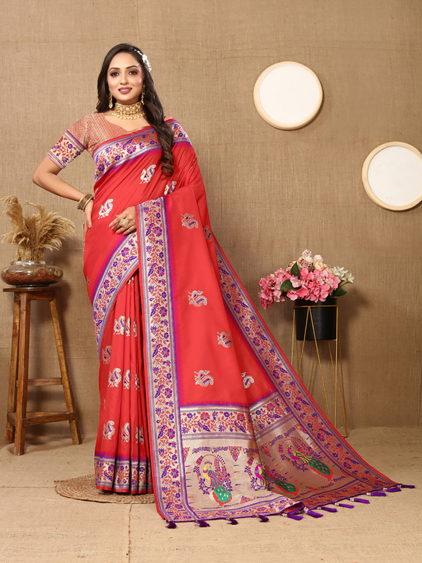 Lorenvalley Fashion Red Soft Paithani Silk Woven Design Rich Meenakari Zari Weaving Pallu Saree | Grocsy