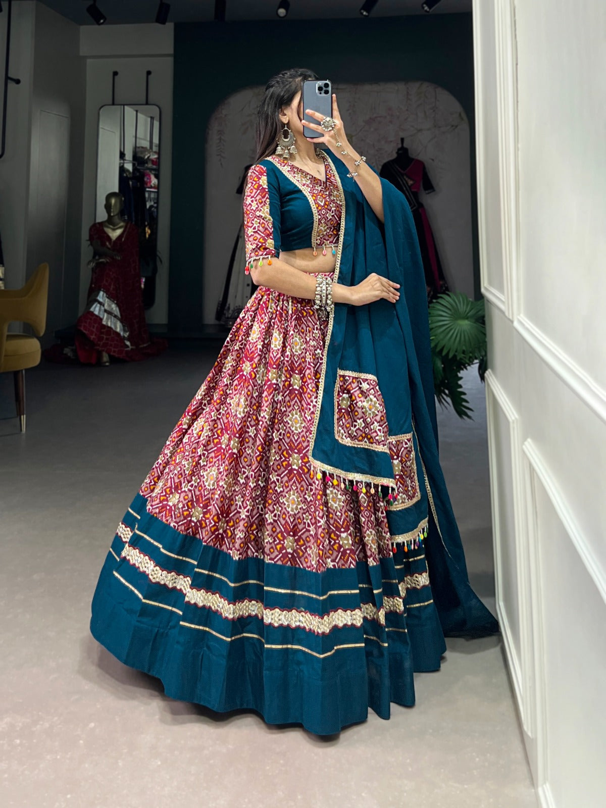 Lorenvalley Red Dola Silk and Rayon with Printed With Foil Work And Lace Touch Up Lehenga Choli | Grocsy