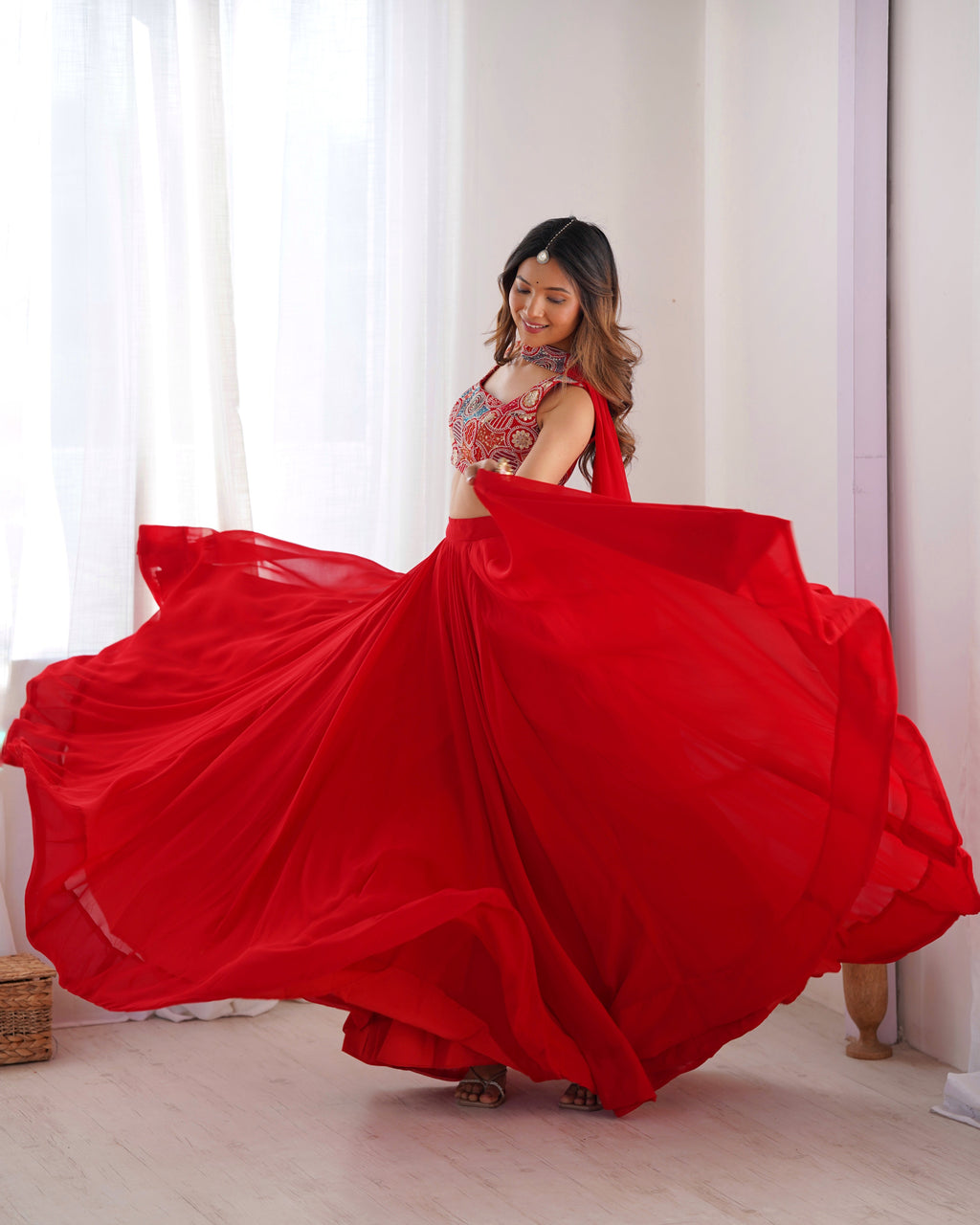 Lorenvalley Red Faux Georgette Stitched Lehenga Embroidery Blouse with Dupatta | Grocsy