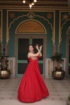 Lorenvalley Red Rayon Fabric with Designer Lace Gown | Grocsy