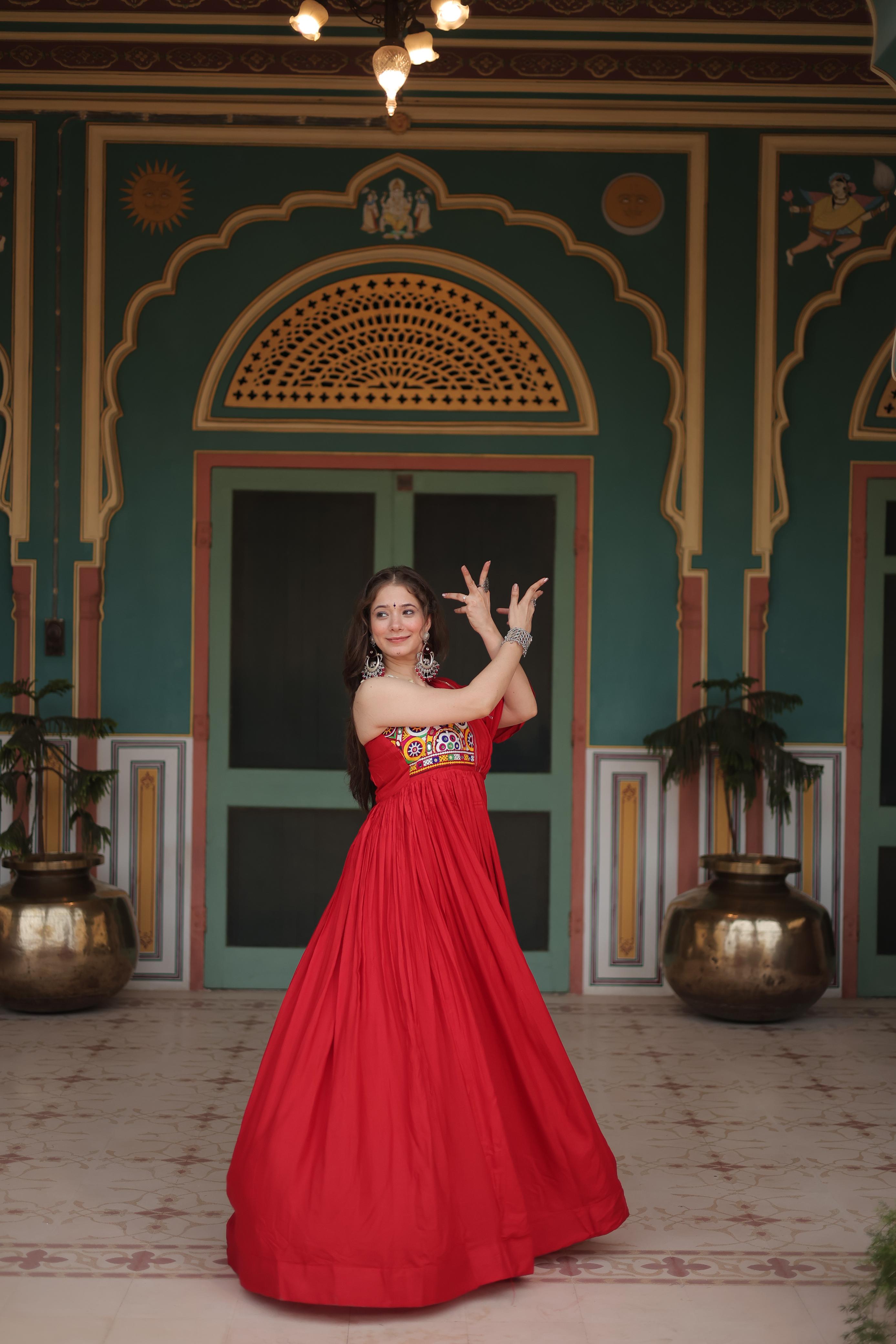 Lorenvalley Red Rayon Fabric with Designer Lace Gown | Grocsy