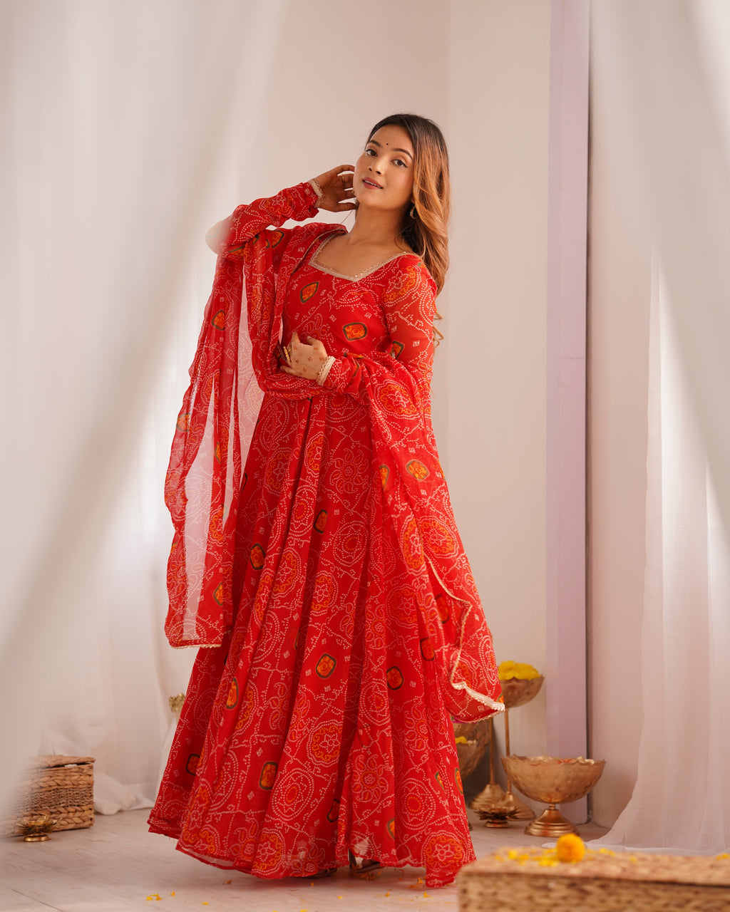 Lorenvalley Women Soft Lightweight Chiffon Bandhej Print Fabric Anarkali Kurta Pant With Dupatta Set | Grocsy