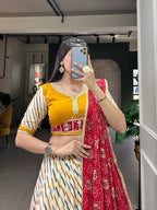 Lorenvalley White And Red Pure Cotton Leheriya With Patola Print Lehenga Choli With Dupatta | Grocsy