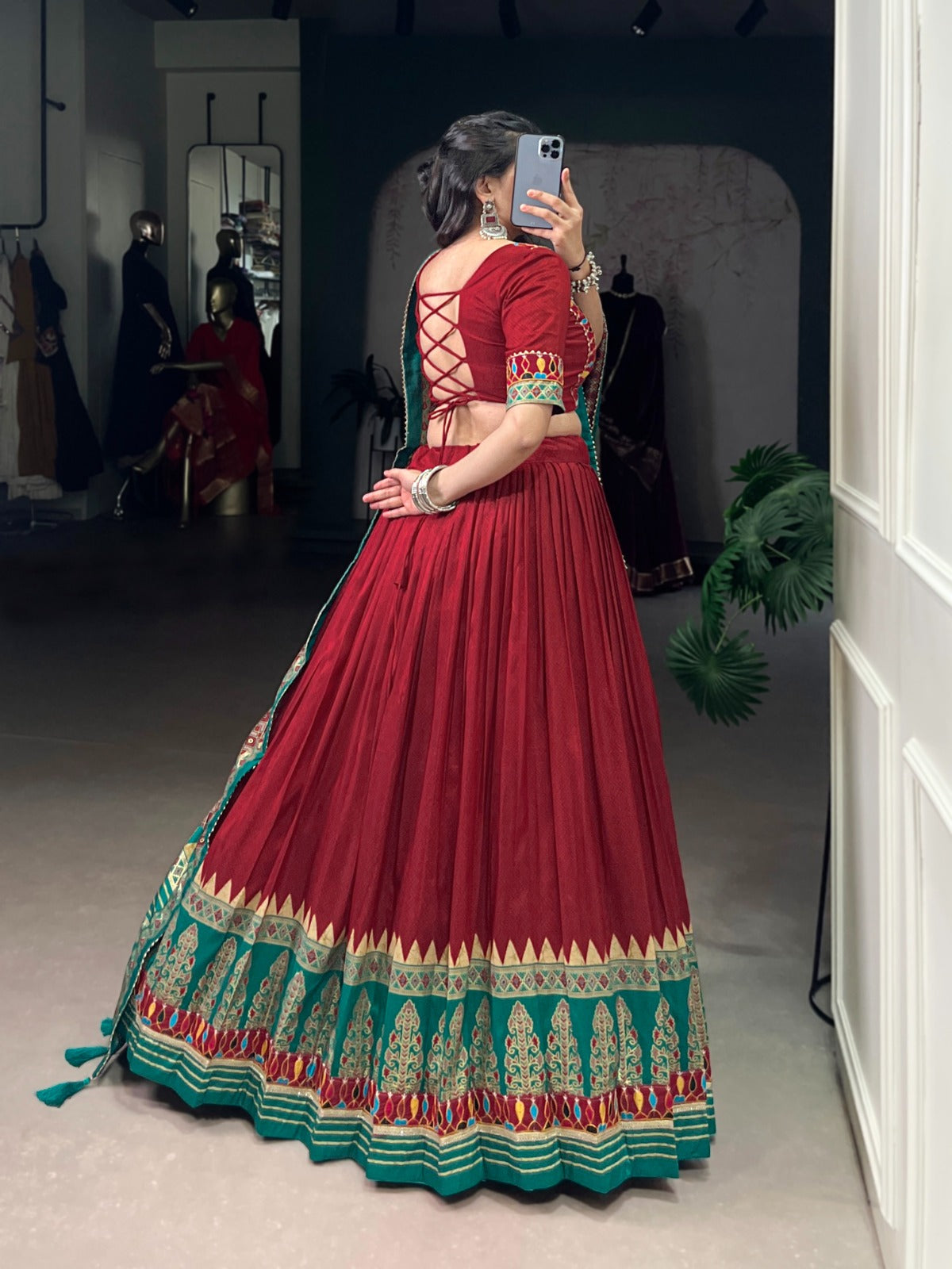 Lorenvalley Fashion Red Tasar Silk Print with Foil Work and Real Mirror Gamthi Work with Lace Touch Up Lehenga Choli with Dupatta | Grocsy