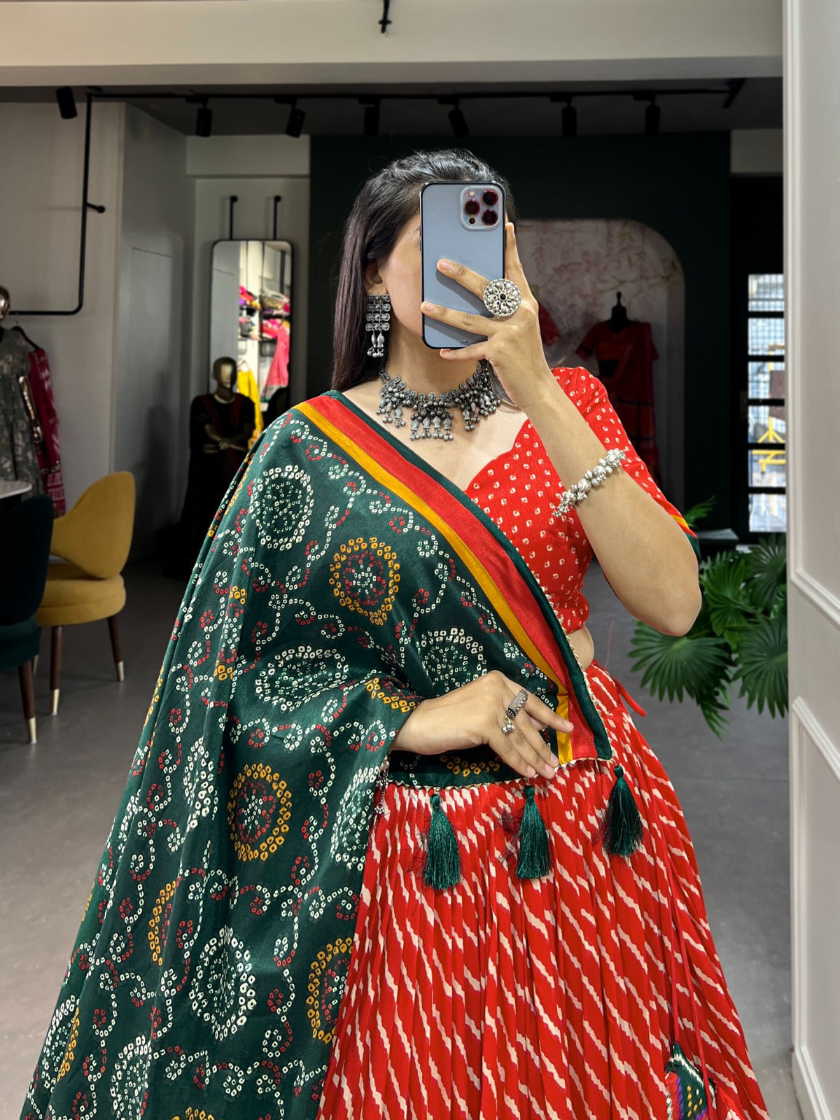 Lorenvalley Red Tussar Silk Lehenga Leheriya Patola Print Border With Choli Bandhej Print With Bandhej Print Gotta Patti Lace Border Dupatta | Grocsy