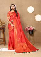 Lorenvalley Fashion Red Soft Silk Copper Zari weaving Design Saree | Grocsy