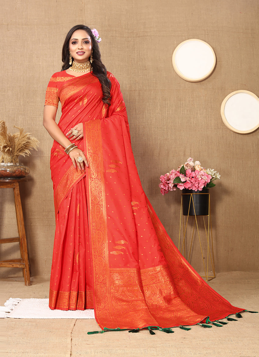 Lorenvalley Fashion Red Soft Silk Copper Zari weaving Design Saree | Grocsy
