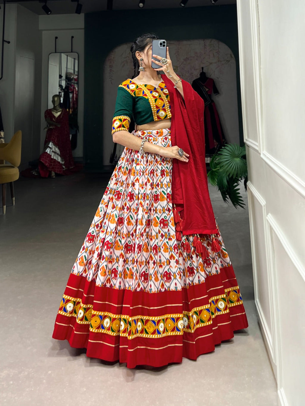 Lorenvalley Red Dola Silk and Cotton with Patola Print With Foil Work And Original Mirror Gamthi Lace Lehenga Choli | Grocsy