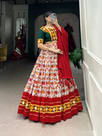 Lorenvalley Red Dola Silk and Cotton with Patola Print With Foil Work And Original Mirror Gamthi Lace Lehenga Choli | Grocsy