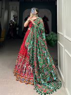 Lorenvalley Dola Silk Red Patola Print With Gamthi Work Lace Border Lehenga Choli with Dupatta | Grocsy