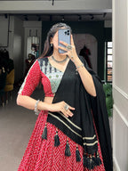 Lorenvalley Red Rayon with Bandhej And Ajarakh Print With Embossed Design Gota Lace Touch up Lehenga Choli | Grocsy