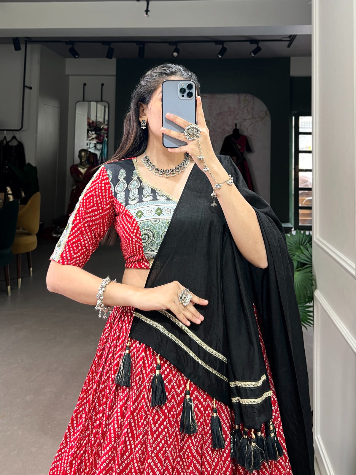 Lorenvalley Red Rayon with Bandhej And Ajarakh Print With Embossed Design Gota Lace Touch up Lehenga Choli | Grocsy