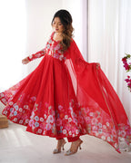 Lorenvalley Fashion Red Soft Organza Silk With Floral Print Fully Flared Anarkali Pant With Dupatta Set | Grocsy