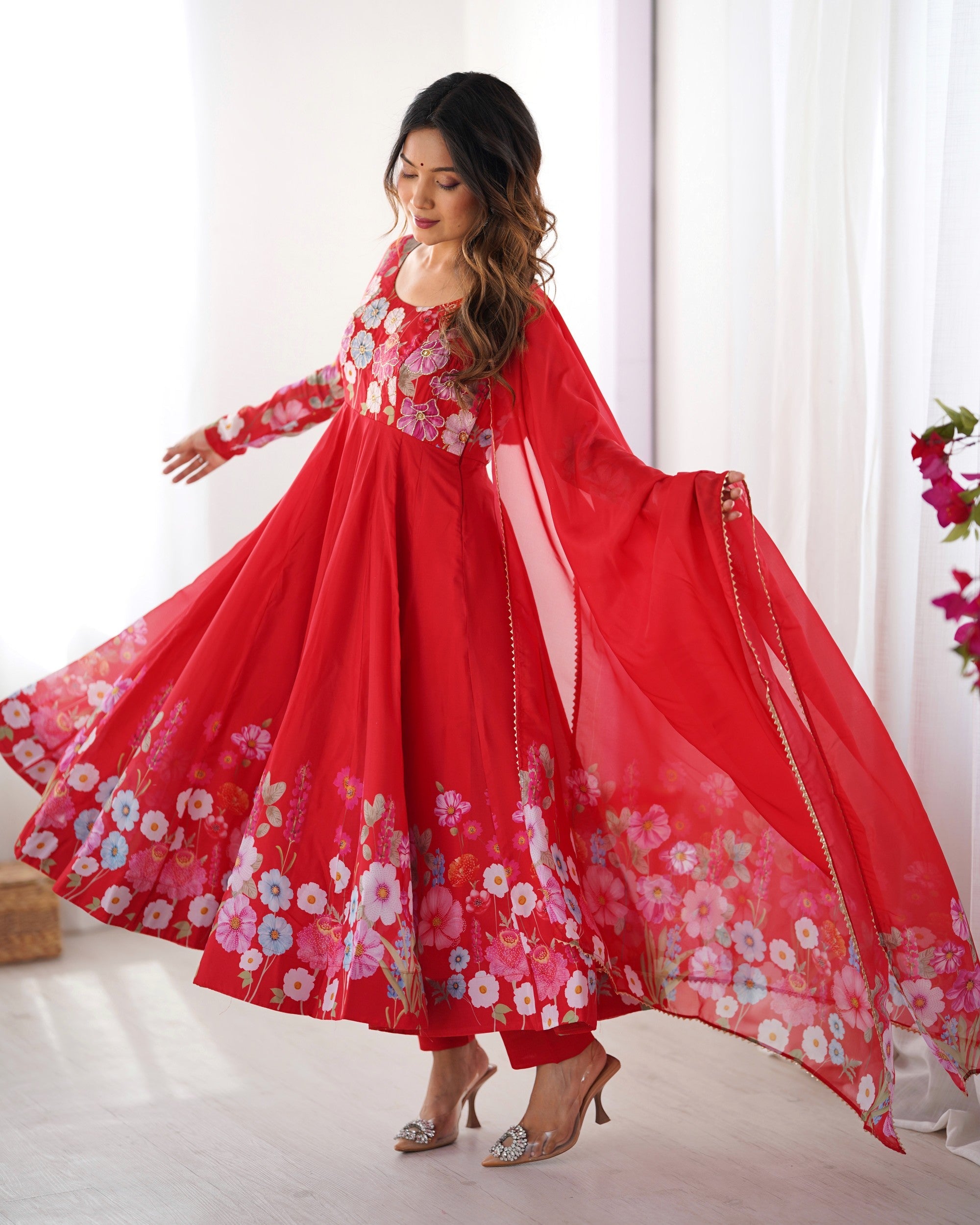 Lorenvalley Fashion Red Soft Organza Silk With Floral Print Fully Flared Anarkali Pant With Dupatta Set | Grocsy