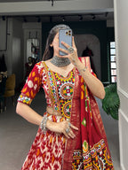 Lorenvalley Red Tussar Silk Patola Print With Foil Work And Original Mirror Gamthi Lace Lehenga Choli with Dupatta | Grocsy