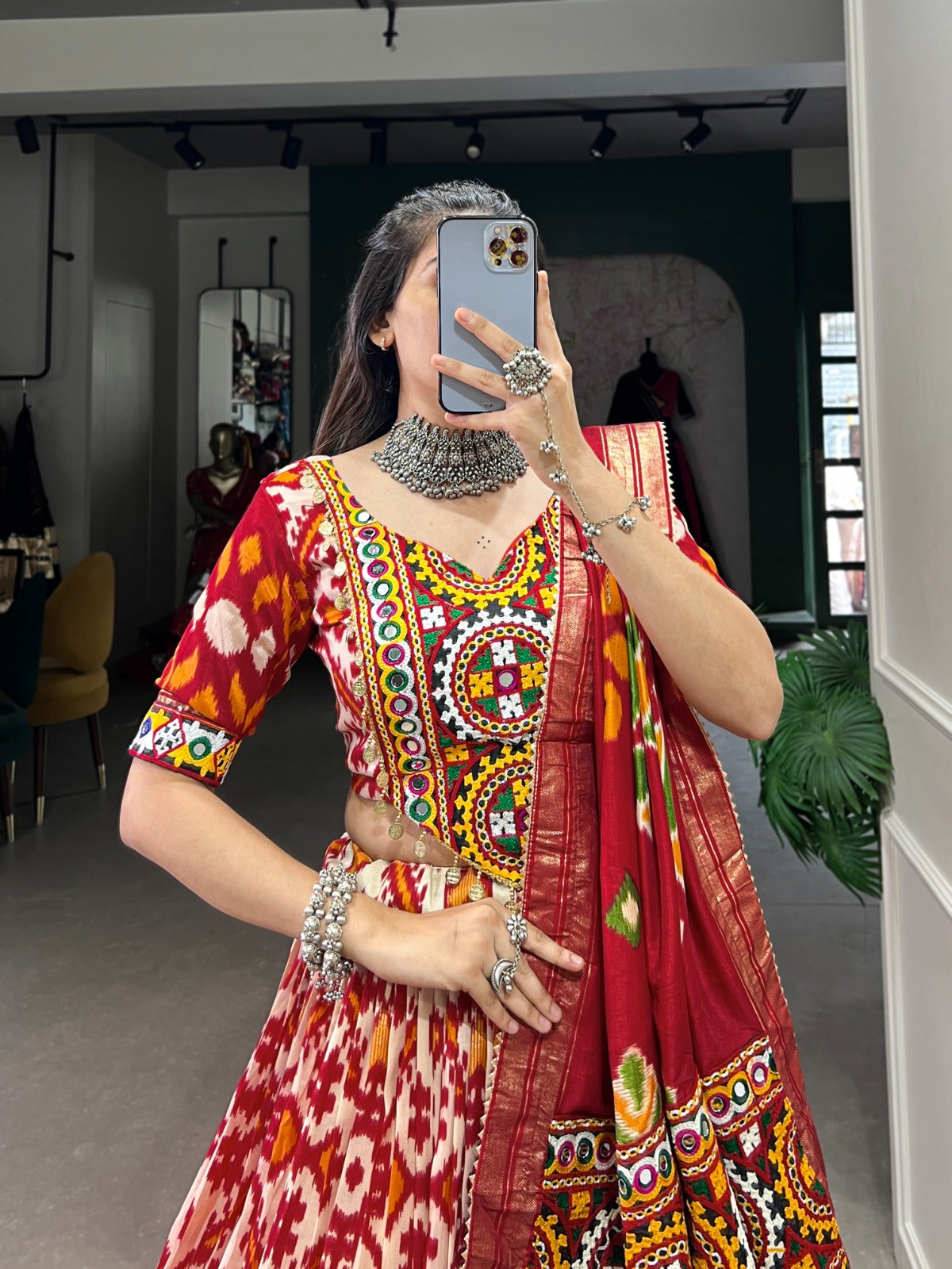 Lorenvalley Red Tussar Silk Patola Print With Foil Work And Original Mirror Gamthi Lace Lehenga Choli with Dupatta | Grocsy